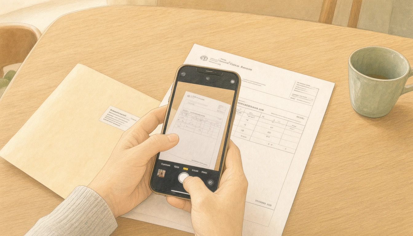 Stylised illustration of a letter being captured with a phone at the kitchen table; text is deliberately blurred