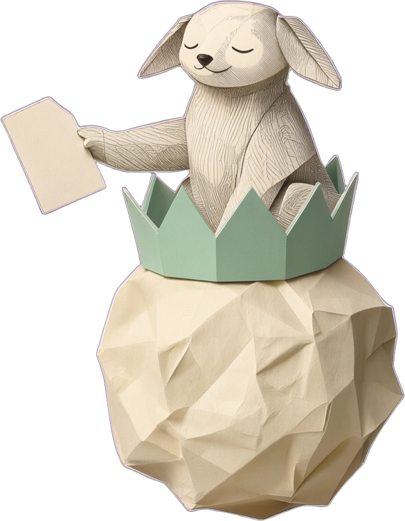 The paper companion presents a page, sitting inside a mint crown on his paper ball